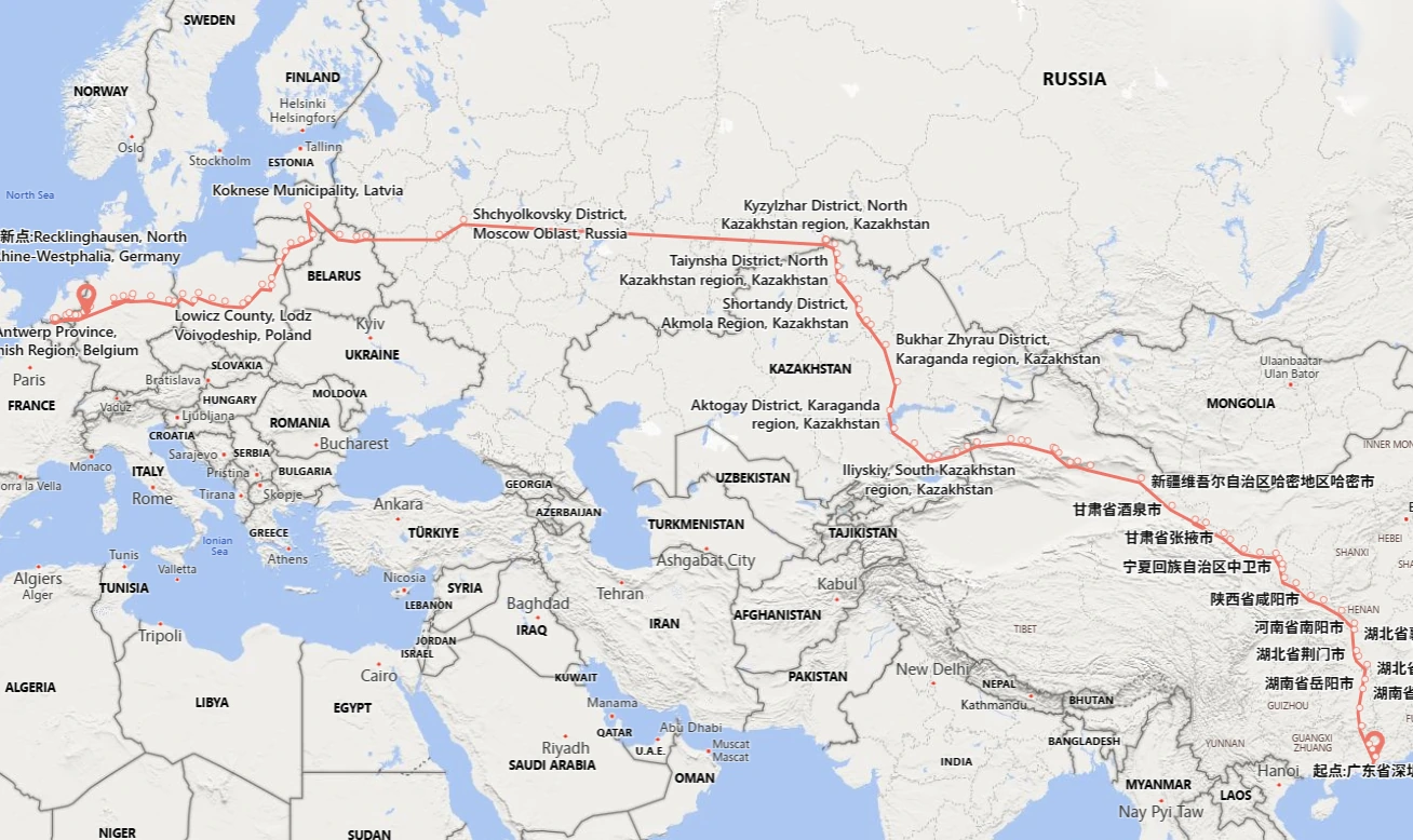 Kaart van de vrachtwagenroute vanuit Shenzhen in China naar Europa